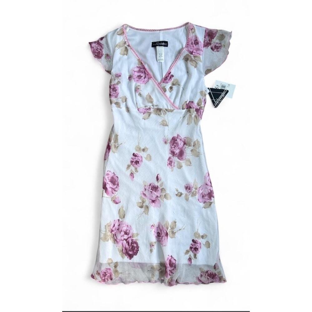 Vintage Y2K City Triangles White & Pink Floral Midi Dress Ruffles Size 7 NWT - Picture 2 of 6